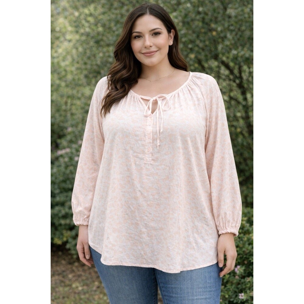 CAROLE LITTLE Linen Blend Peasant Top  Size 1X Pink Floral Cottagecore